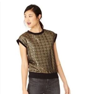 Saturday Kate Spade Baroque Gold & Black Cap Sleeve Sweatshirt Top Size Small